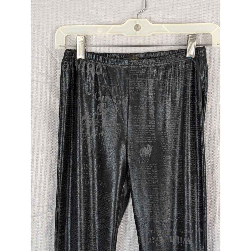 Radzoli Womens Metallic Newspaper Print Leggings Black Cracked Texture Small